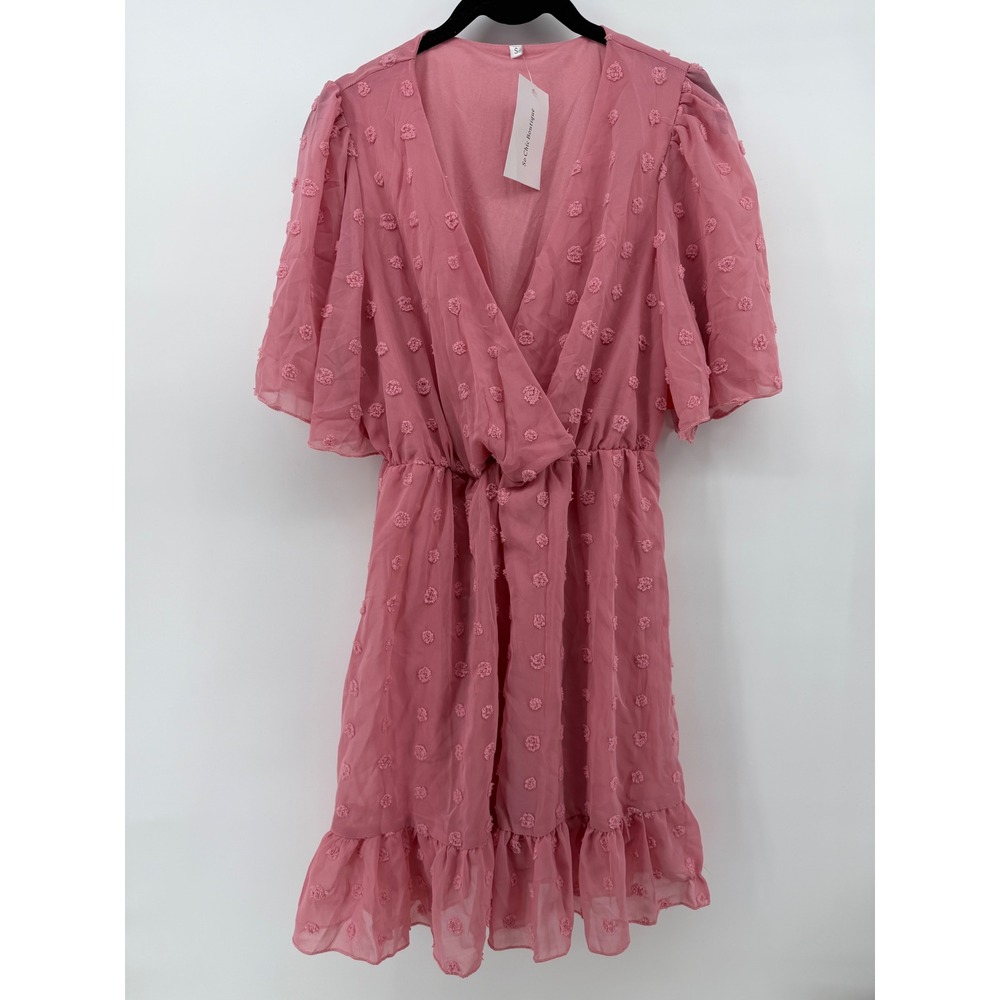 So Chic Boutique Pink Swiss Dot V-Neck Ruffle Mini Dress Small NWT